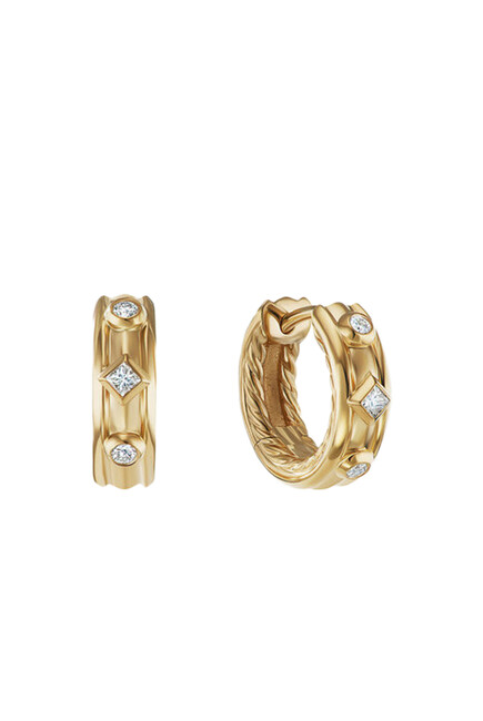 Renaissance Huggie Hoop Earrings, 18k Yellow Gold with Diamonds